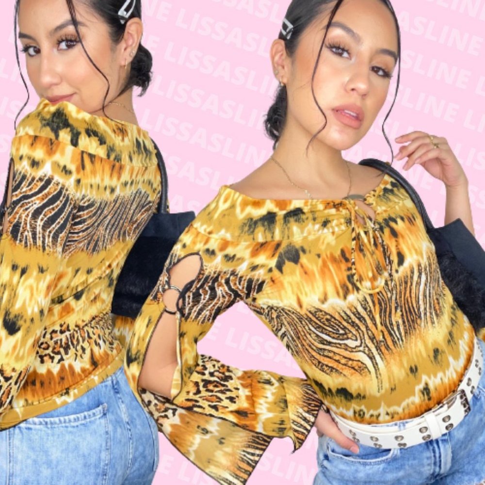Y2K yellow black animal print tube top bell bottom